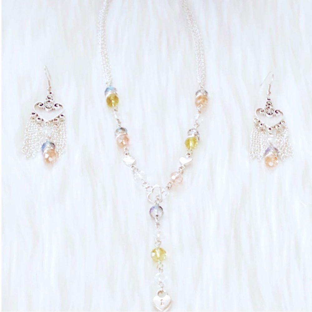Silver Heart And Bead Multi Chain Necklace And Earrings